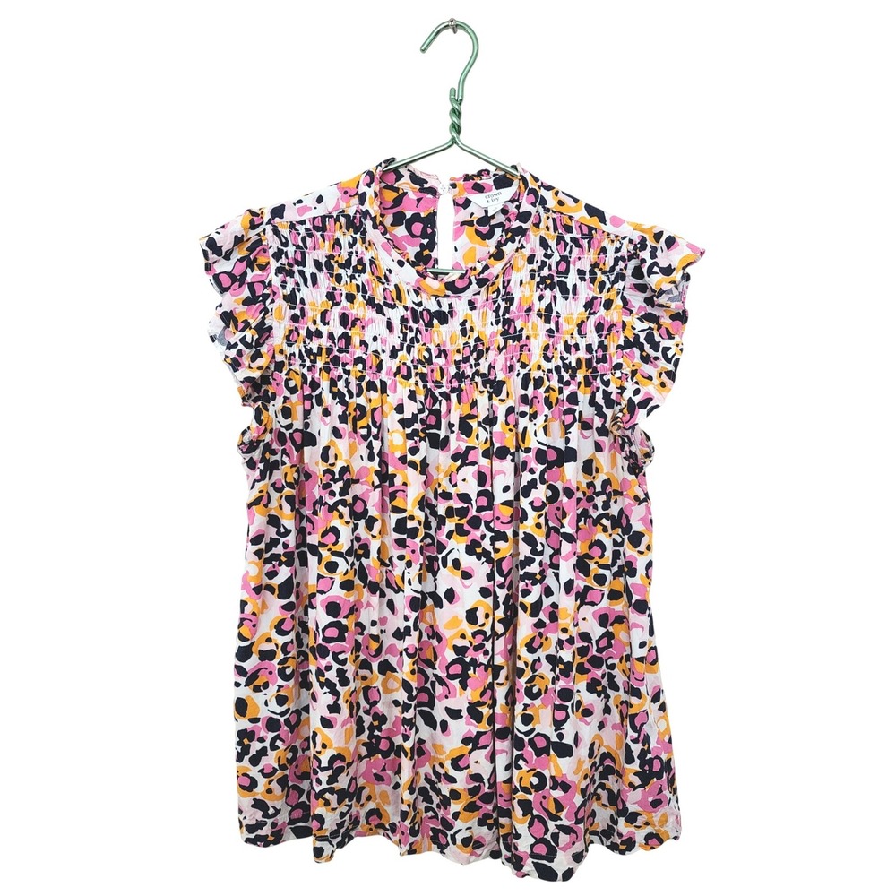 ⭐️ Crown & Ivy Smocked Flutter Sleeve Blouse Large Pink Orange Leopard Print